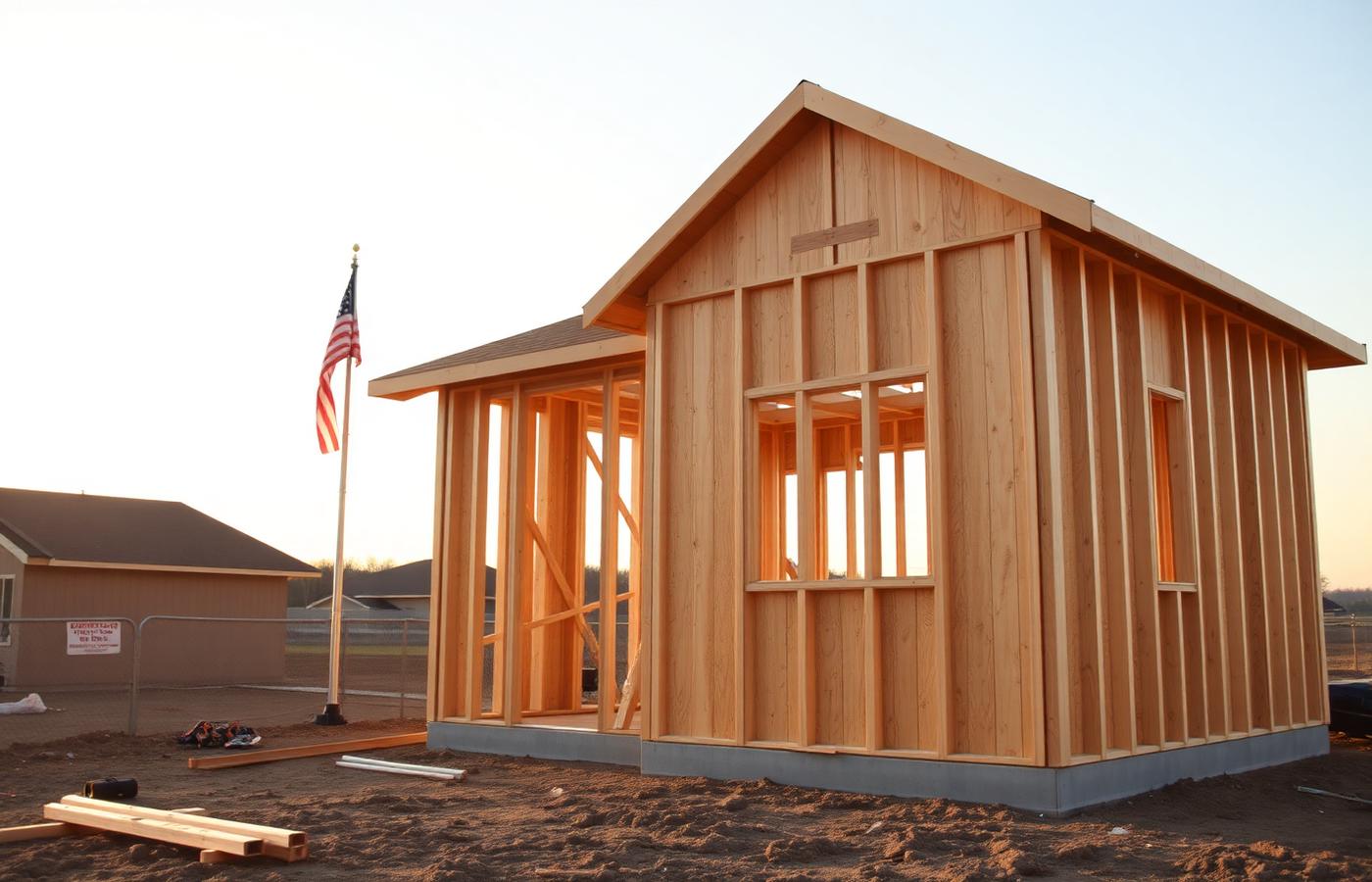 A home under construction at sunrise with an American flag